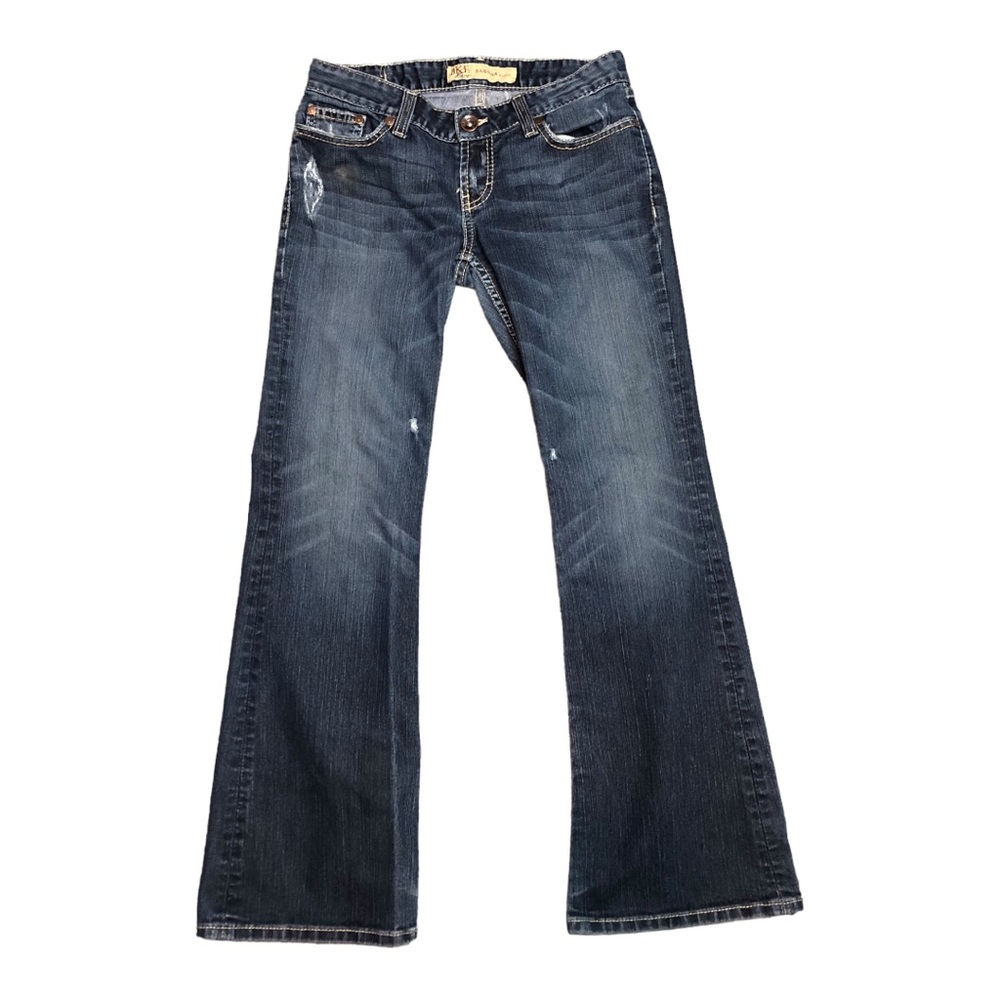 BKE Sabrina Stretch Blue Denim Jeans Bootcut Flair low Rise Distressed 27 X 31.5